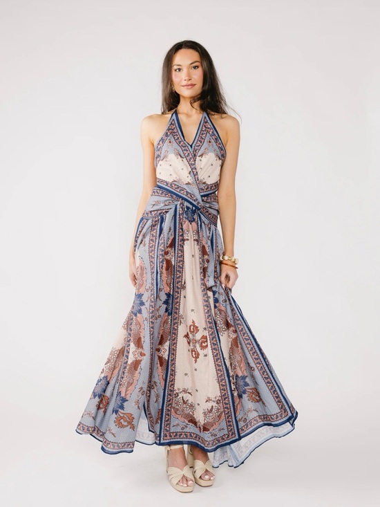 vestique Dresses & Skirts - Zimmerman Dupe - Vestique Blue and Cream Halter Asymmetrical Maxi Dress
